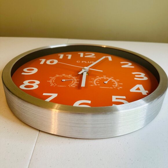 Orange Wall Clock With Temperature & Humidity Non Ticking Silent Battery Operate - Picture 3 of 11